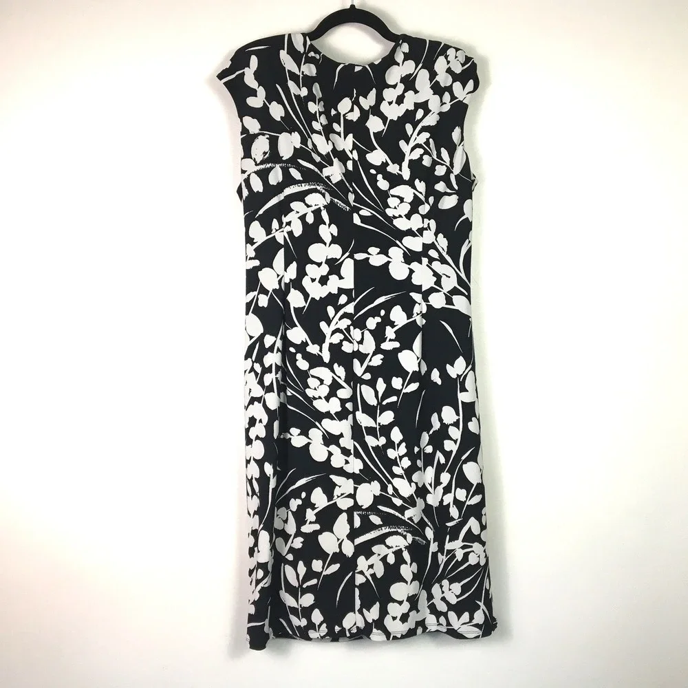 Kasper Floral Print Ruched V-Neck Sheath Dress Size L Black  Pale‎ Gray